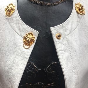 Vintage long white leather vest w lion heads